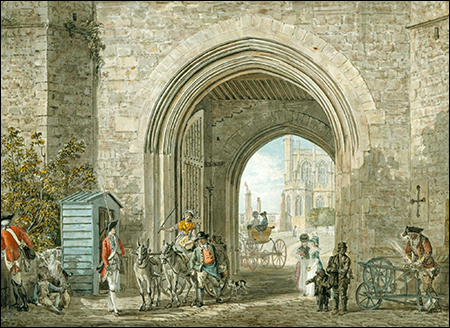 Château de Windsor La Porte Henri VIII avec sa garde son public et ses travailleurs Paul Sandby